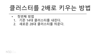 클러스터를 2배로 키우는 방법
• 첫번째 방법
1. 기존 14대 클러스터를 내린다.
2. 새로운 28대 클러스터를 띄운다.
 