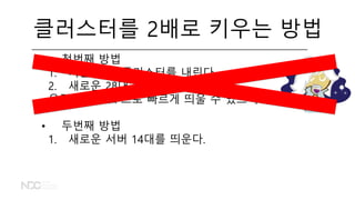클러스터를 2배로 키우는 방법
• 첫번째 방법
1. 기존 14대 클러스터를 내린다.
2. 새로운 28대 클러스터를 띄운다.
우린 Flintrock 으로 빠르게 띄울 수 있으니까!
• 두번째 방법
1. 새로운 서버 14대를 띄운다.
 