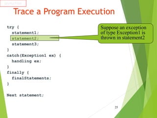 Trace a Program Execution
try {
statement1;
statement2;
statement3;
}
catch(Exception1 ex) {
handling ex;
}
finally {
finalStatements;
}
Next statement;
25
animation
Suppose an exception
of type Exception1 is
thrown in statement2
 