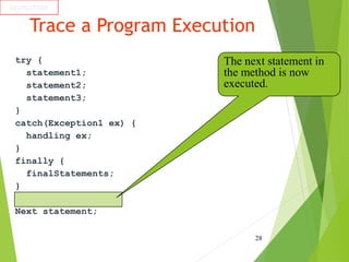 Trace a Program Execution
try {
statement1;
statement2;
statement3;
}
catch(Exception1 ex) {
handling ex;
}
finally {
fina...