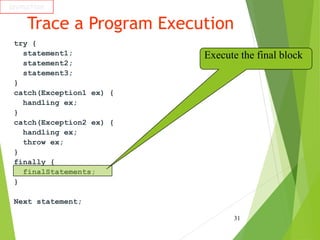 Trace a Program Execution
try {
statement1;
statement2;
statement3;
}
catch(Exception1 ex) {
handling ex;
}
catch(Exceptio...