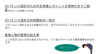 ガバナンス設計のための全体像とポイントを事例付きでご紹
介
まずはルールを描いてみる
ガバナンス設計は利用開始の一部分
バランスよく進められると効果大だけど、まずはやれるところからやってみるのも
あり
登場人物の整理は超大事
ここが定まらないと何も始まらないけど、とりあえずやってみて既成事実を作るの
も手
 