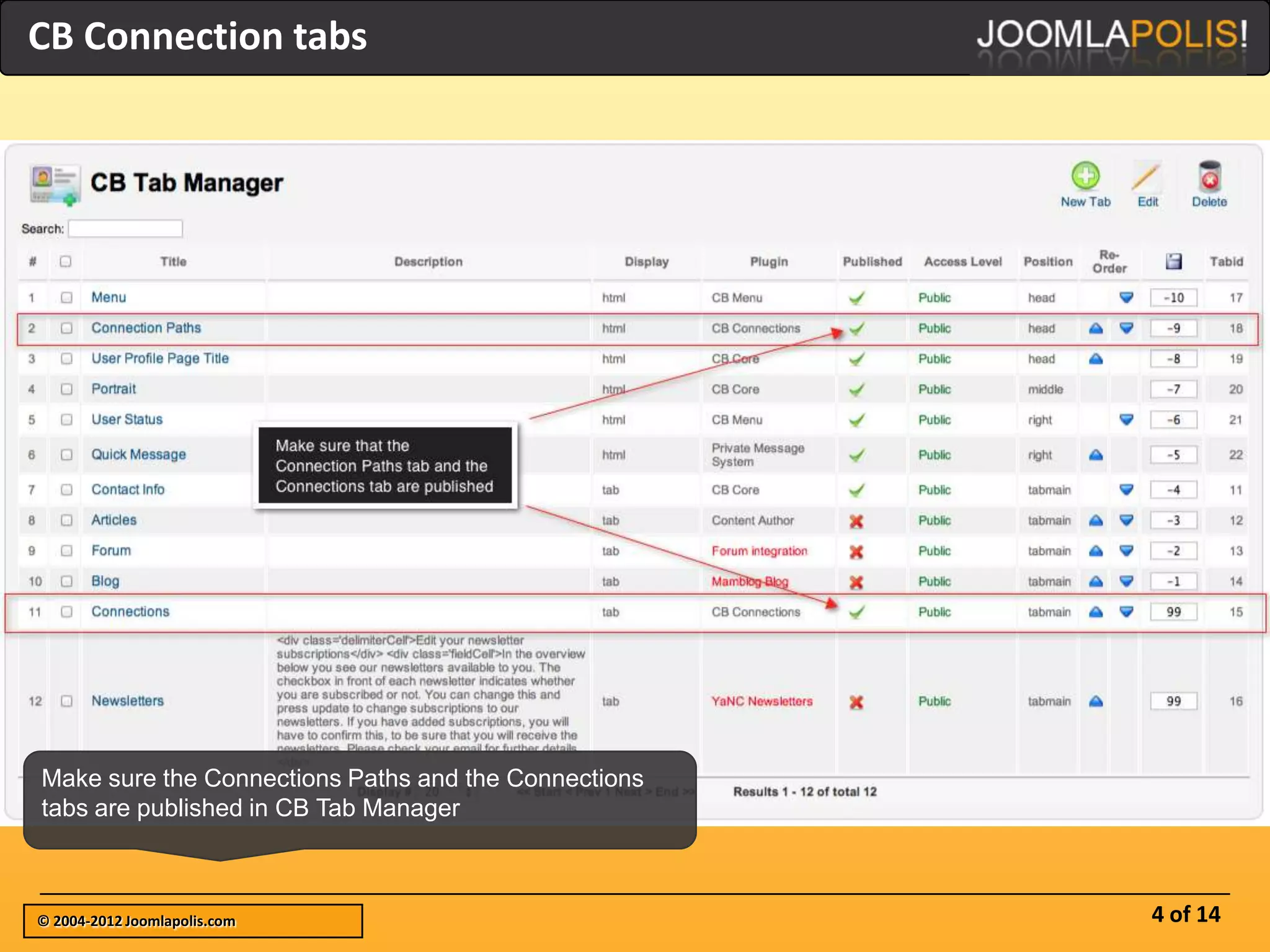 CB Connection tabs




Make sure the Connections Paths and the Connections
tabs are published in CB Tab Manager



© 2004-2012 Joomlapolis.com                           4 of 14
 