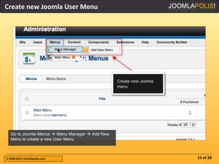 Create new Joomla User Menu




  Go to Joomla Menus  Menu Manager  Add New
  Menu to create a new User Menu



© 2004-2012 Joomlapolis.com                     15 of 28
 