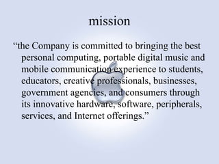 mission
“the Company is committed to bringing the best
personal computing, portable digital music and
mobile communication experience to students,
educators, creative professionals, businesses,
government agencies, and consumers through
its innovative hardware, software, peripherals,
services, and Internet offerings.”
 