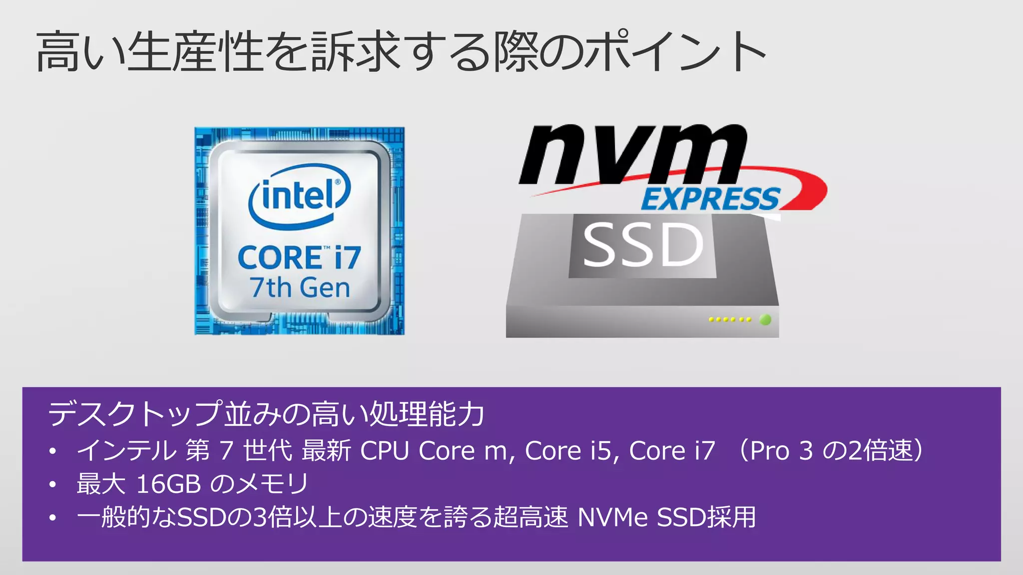 デスクトップ並みの高い処理能力
• インテル 第 7 世代 最新 CPU Core m, Core i5, Core i7 （Pro 3 の2倍速）
• 最大 16GB のメモリ
• 一般的なSSDの3倍以上の速度を誇る超高速 NVMe SSD採用
 