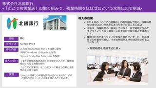 株式会社北國銀行
-「どこでも営業店」の取り組みで、残業時間をほぼゼロという水準にまで削減-
導入の効果
• 2014 年の「どこでも営業店」の取り組みで既に、残業時間
をほぼゼロという水準にまで引き下げることに成功
• 今後は、残業時間の「削減」ではなく、所定時間で生みだ
すアウトプットの「増加」に目を向けた取り組みを進めて
いく
• 業務 PC のセキュリティが担保されたことで、ローカル環
境での作業が可能に。すきま時間がより有効活用されるよ
うになった
<隙間時間を活用する社員>
業種
デバイス
導入内容
導入の狙い
課題
銀行
Surface Pro 4
2,300 台のSurface Pro 4 を行員に配布
同時にWindows 10 Mobile も配布
Secure Productive Enterprise も採用
「すきま時間の有効活用」を支援することで、業務環
境のさらなる発展を期待
「どこでも営業店」をコンセプトに働き方改革と生産
性向上に取り組む
ローカル環境での業務を許容するのであれば、デバ
イス側のセキュリティ水準を高めることも必要
 