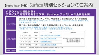 第 一 部 ： 働 き 方 改 革 シ ナ リ オ で 、 今 お 客 様 に 選 ば れ る デ バ イ ス の 提 案 を
M i c r o s o f t 3 6 5 な ど ク ラ ウ ド ソ リ ュ ー シ ョ ン と 共 に 、 S u r f a c e F a m i l y を 紹 介 し ま す 。
＜ 対 象 ＞ パ ー ト ナ ー 様
開催日 開催地 会場 開催時間
9 月 14 日 (木) 福岡 ハイアットリージェンシー福岡
10:00-12:00 (受付開始 9:30-)
第一部 10:00-11:00
第二部 11:00-12:00
9 月 26 日 (火) 大阪 ウェスティンホテル大阪
10 月 3 日 (火) 名古屋 名古屋観光ホテル
10 月 11日 (水) 札幌 ニューオータニイン札幌
プログラム
日時／会場
クラウドとの相性抜群！
デバイスで実現する働き方改革、Surface ファミリーの全貌を公開
第 二 部 ： 働 き 方 改 革 の カ ギ ！ 生 産 性 の 高 い テ レ ワ ー ク と 会 議 の 実 現
S u r f a c e H u b の 実 機 を 用 い て 最 新 テ ク ノ ロ ジ ー を ご 紹 介 し ま す 。
＜ 対 象 ＞ パ ー ト ナ ー 様 お よ び お 客 様 ※ お 客 様 を ご 招 待 い た だ け ま す 。
詳細／登録 https://partner.microsoft.com/ja-jp/Training/D-VAR
 
