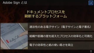 © 2015 Adobe Systems Incorporated. All Rights Reserved. Adobe Confidential.
適法性のある電子サイン（電子サインと電子署名）
ドキュメントプロセスを
刷新するプラットフォーム
Adobe Sign とは
組織や距離の壁を超えたプロセスの効率化と可視化
電子の効率性と紙の使い易さを両立
 