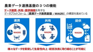 農業データ連携基盤の３つの機能
データ連携・共有・提供機能を有する
データプラットフォーム（農業データ連携基盤：WAGRI）の構築を進めている
提供共有連携
WAGRIWAGRI
様々なデータを駆使して生産性向上・経営改善に取り組むことが可能に
WAGRI
Aa
 