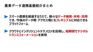 農業データ連携基盤紹介まとめ
スマート農業を推進するうえで、様々なデータ連携・共有・活用
でき、今後のデータ増・アクセス増にもフレキシブルに対応できる
プラットフォーム
クラウドとインテリジェントテクノロジを活用し、短期間でデジタル
トランスフォーメーションを実現
 