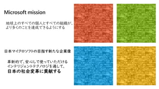 地球上のすべての個人とすべての組織が、
より多くのことを達成できるようにする
革新的で、安心して使っていただける
インテリジェントテクノロジを通して、
日本の社会変革に貢献する
 