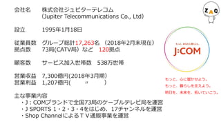 会社名 株式会社ジュピターテレコム
（Jupiter Telecommunications Co., Ltd）
設立 1995年1月18日
従業員数 グループ総計17,263名 （2018年2月末現在）
拠点数 73局(CATV局）など 120拠点
顧客数 サービス加入世帯数 538万世帯
営業収益 7,300億円(2018年3月期）
営業利益 1,207億円( 〃 ）
主な事業内容
・J：COMブランドで全国73局のケーブルテレビ局を運営
・J SPORTS 1・2・3・4をはじめ、17チャンネルを運営
・Shop ChannelによるＴＶ通販事業を運営
もっと、心に響かせよう。
もっと、暮らしを支えよう。
明日を、未来を、拓いていこう。
 