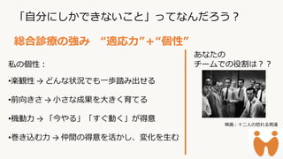 preencoded.png
「自分にしかできないこと」ってなんだろう？
私の個性：
•楽観性 → どんな状況でも一歩踏み出せる
•前向きさ → 小さな成果を大きく育てる
•機動力 → 「今やる」「すぐ動く」が得意
•巻き込む力 → 仲間の得意を活かし、変化を生む
総合診療の強み “適応力”＋“個性”
あなたの
チームでの役割は？？
映画：十二人の怒れる男達
 