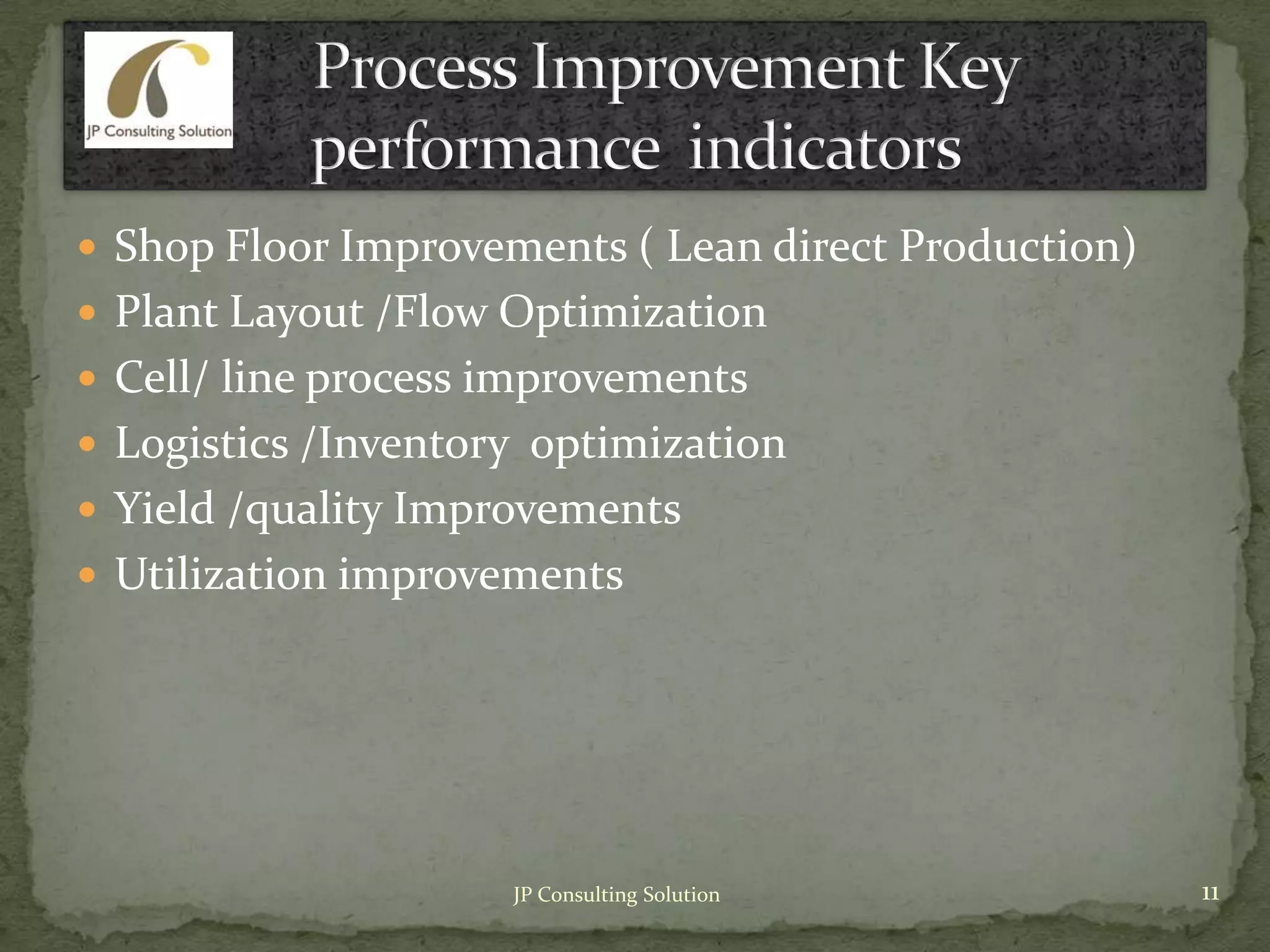  Shop Floor Improvements ( Lean direct Production)
 Plant Layout /Flow Optimization
 Cell/ line process improvements
 Logistics /Inventory optimization
 Yield /quality Improvements
 Utilization improvements
11JP Consulting Solution
 