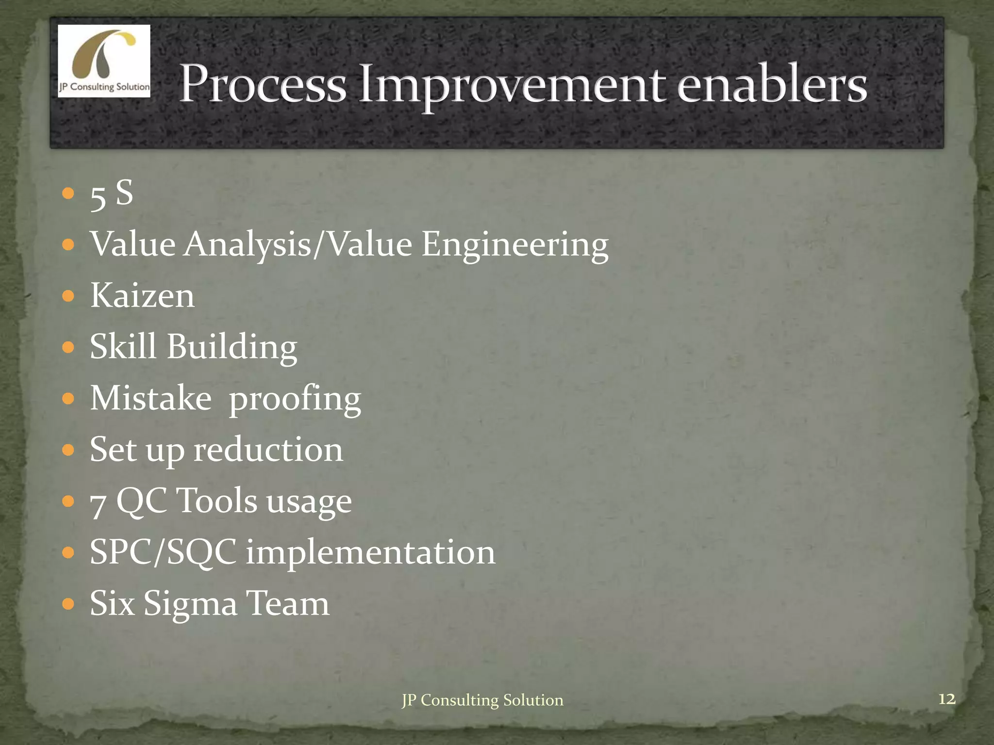  5 S
 Value Analysis/Value Engineering
 Kaizen
 Skill Building
 Mistake proofing
 Set up reduction
 7 QC Tools usage
 SPC/SQC implementation
 Six Sigma Team
12JP Consulting Solution
 