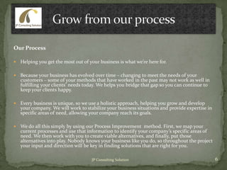 Our Process
 Helping you get the most out of your business is what we’re here for.
 Because your business has evolved over time – changing to meet the needs of your
customers – some of your methods that have worked in the past may not work as well in
fulfilling your clients’ needs today. We helps you bridge that gap so you can continue to
keep your clients happy.
 Every business is unique, so we use a holistic approach, helping you grow and develop
your company. We will work to stabilize your business situations and provide expertise in
specific areas of need, allowing your company reach its goals.
 We do all this simply by using our Process Improvement method. First, we map your
current processes and use that information to identify your company’s specific areas of
need. We then work with you to create viable alternatives, and finally, put those
alternatives into play. Nobody knows your business like you do, so throughout the project
your input and direction will be key in finding solutions that are right for you.
6JP Consulting Solution
 