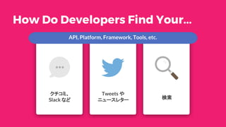 検索
Tweets や
ニュースレター
クチコミ、
Slack など
API, Platform, Framework, Tools, etc.
How Do Developers Find Your...
 