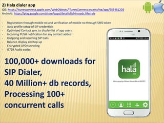 2) Hala dialer app
iOS: https://itunesconnect.apple.com/WebObjects/iTunesConnect.woa/ra/ng/app/955481205
Android: https://play.google.com/store/apps/details?id=tv.eads.lifestyle
- Registration through mobile no and verification of mobile no through SMS token
- Auto profile setup of SIP credentials
- Optimized Contact sync to display list of app users
- Incoming PUSH notification for any contact added
- Outgoing and Incoming SIP Calls
- Balance display and top-up
- Encrypted UPD tunneling
- G729 Audio codec
100,000+ downloads for
SIP Dialer,
40 Million+ db records,
Processing 100+
concurrent calls
 