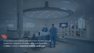 Corporations are creating internal versions of Uber and Lyft.
Healthcare companies are developing ways for people
to share a variety of expensive medical equipment
 