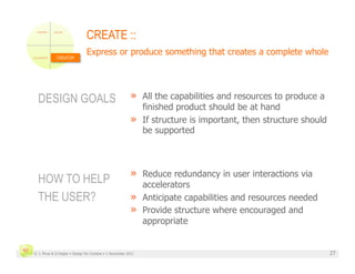 CREATE ::
                               Express or produce something that creates a complete whole
             CREATOR




  DESIGN GOALS                                           »  All the capabilities and resources to produce a
                                                            finished product should be at hand
                                                         »  If structure is important, then structure should
                                                            be supported



                                                         »  Reduce redundancy in user interactions via
  HOW TO HELP                                               accelerators
  THE USER?                                              »  Anticipate capabilities and resources needed
                                                         »  Provide structure where encouraged and
                                                            appropriate


© J. Phua & D.Degler • Design for Context • 1 December 2011                                                    27
 