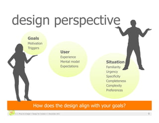 design perspective
                Goals
                Motivation
                Triggers
                                                              User
                                                              Experience
                                                              Mental model   Situation
                                                              Expectations   Familiarity
                                                                             Urgency
                                                                             Specificity
                                                                             Completeness
                                                                             Complexity
                                                                             Preferences



                       How does the design align with your goals?
© J. Phua & D.Degler • Design for Context • 1 December 2011                                 6
 