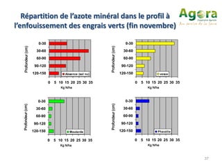Répartition de l’azote minéral dans le profil à
l’enfouissement des engrais verts (fin novembre)

                        0-30                                                     0-30




                                                            Profondeur (cm)
   Profondeur (cm)




                       30-60                                                    30-60

                       60-90                                                    60-90

                      90-120                                                   90-120

                     120-150             Absence (sol nu)                     120-150                    vesce

                               0   5 10 15 20 25 30 35                                  0   5 10 15 20 25 30 35
                                      Kg N/ha                                                  Kg N/ha



                        0-30                                                     0-30


                                                            Profondeur (cm)
  Profondeur (cm)




                       30-60                                                    30-60

                       60-90                                                    60-90

                      90-120                                                   90-120

                     120-150               Moutarde                           120-150                Phacélie

                               0   5 10 15 20 25 30 35                                  0   5 10 15 20 25 30 35
                                      Kg N/ha                                                  Kg N/ha



                                                                                                                  37
 