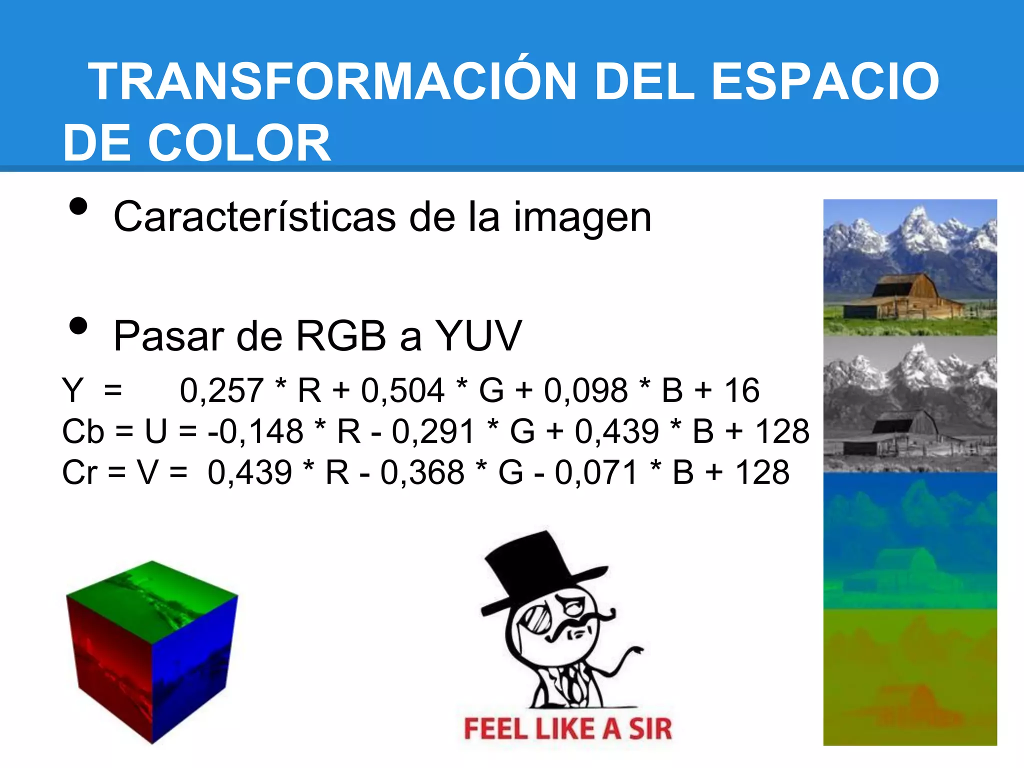TRANSFORMACIÓN DEL ESPACIO
DE COLOR
•   Características de la imagen

•   Pasar de RGB a YUV
Y =     0,257 * R + 0,504 * G + 0,098 * B + 16
Cb = U = -0,148 * R - 0,291 * G + 0,439 * B + 128
Cr = V = 0,439 * R - 0,368 * G - 0,071 * B + 128
 