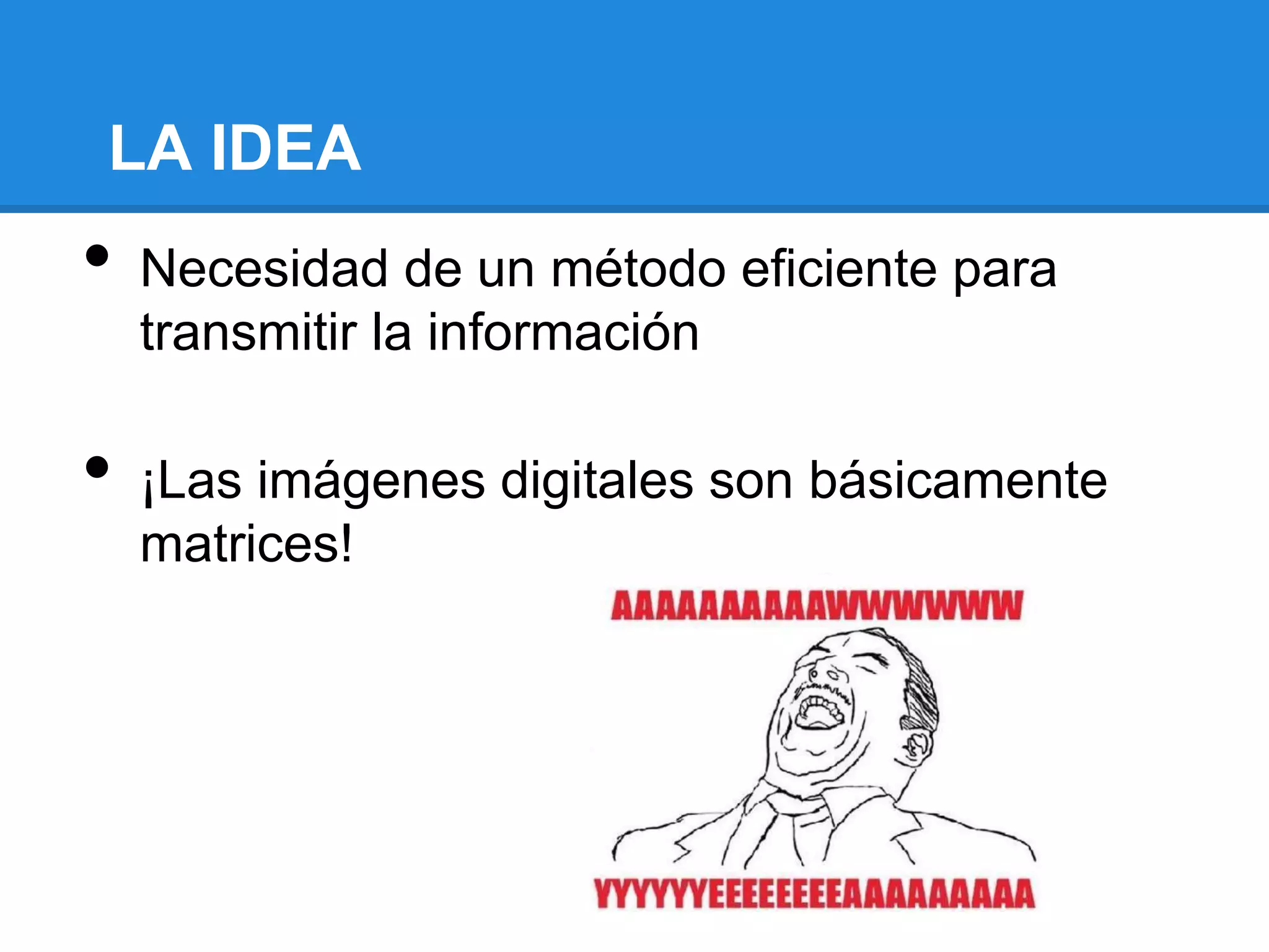 LA IDEA
•   Necesidad de un método eficiente para
    transmitir la información

•   ¡Las imágenes digitales son básicamente
    matrices!
 
