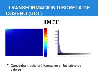 TRANSFORMACIÓN DISCRETA DE
COSENO (DCT)
• Concentra mucho la información en los primeros
valores