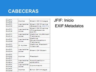 CABECERAS
• JFIF: Inicio
EXIF:Metadatos