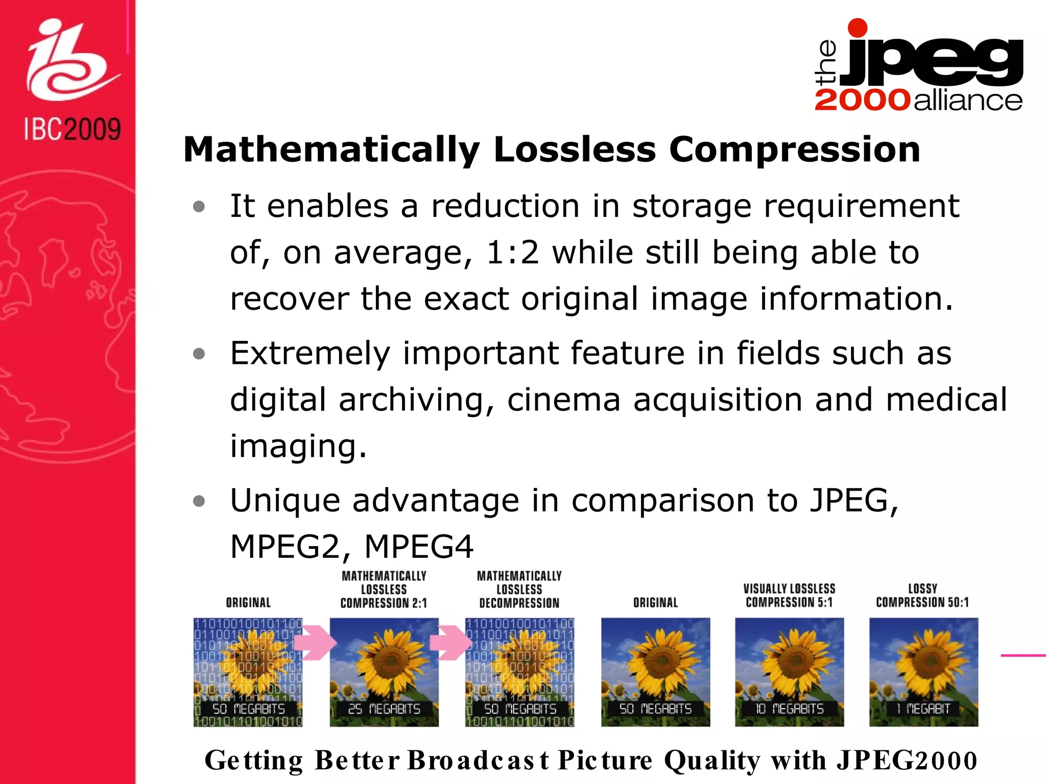 Mathematically Lossless Compression It enables a reduction in storage requirement of, on average, 1:2  while still being able to recover the exact original image information.  Extremely important feature in fields such as digital archiving, cinema acquisition and medical imaging.  Unique advantage in comparison to JPEG, MPEG2, MPEG4 