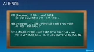 AI 用語集
応答 (Response) : 予測したいものの結果
例 : どの見込み客をコンバートすべきか？
特徴 (Features) : より正確な予測の応答をを得るための要素
例 : 業界、郵便番号など
モデル (Model) : 特徴から応答を導き出すためのアルゴリズム
例 : (x, y) = x1, x2, x3…、 xk, y）, p(G | E) = p(G) p(E | G) /
p(E)
 