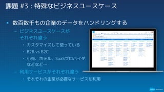 課題 #3 : 特殊なビジネスユースケース
§ 数百数千もの企業のデータをハンドリングする
– ビジネスユースケースが
それぞれ違う
• カスタマイズして使っている
• B2B vs B2C
• 小売、ホテル、SaaSプロバイダ
などなど…
– 利用サービスがそれぞれ違う
• それぞれの企業が必要なサービスを利用
 