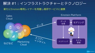 新たにEinstein専用レイヤーを用意し既存サービスに連携
解決 #1 : インフラストラクチャーとテクノロジー
Sales
Cloud
Marketing
Cloud
などなど
モデリング
スコアリング
データ
処理
Einstein Platform
モデル
管理
 