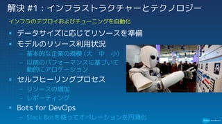 § データサイズに応じてリソースを準備
§ モデルのリソース利用状況
– 基本的な企業の規模 (大 中 小)
– 以前のパフォーマンスに基づいて
動的にアロケーション
§ セルフヒーリングプロセス
– リソースの増加
– レポーティング
§ Bots for DevOps
– Slack Botを使ってオペレーションを円滑化
インフラのデプロイおよびチューニングを自動化
解決 #1 : インフラストラクチャーとテクノロジー
 
