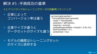 § 企業によって
コンバージョン率は違う
§ 企業サイズが違うと
データセットのサイズも違う
§ モデルの精度はトレーニングセット
のサイズに依存する
5.2 アンバランスなトレーニングデータの自動再バランシング
解決 #5 :予測成功の基準
val (trainingSet,testSet) =
TrainingSetGenerator.generate(
reader = TitanicReader,
predictiors = allPredictors,
response = survived,
positiveResponseRatio = Array(0.1, 0.25, 0.5),
testToTrainRatio = 0.1,
sanityCheck = true
)
 