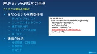 § 異なるモデルを複数使用
– ランダムフォレスト
– ニューラルネットワーク
– 線形判別分析
– ロジスティクス回帰
– などなど…
§ 課題の解決:
– 分類問題、回帰問題
– 画像認識
– 感情分析
5.2 モデル選択の自動化
解決 #5 :予測成功の基準
val bestModel =
SparkMLPredictiveModelSelector.tryModels(
trainingData = trainingSet,
testDate = testSet,
models = modelsToTry,
evaluationMetric = Metrics.auROC,
numFolds = 10,
)
 