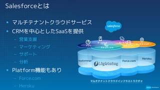 § マルチテナントクラウドサービス
§ CRMを中心としたSaaSを提供
– 営業支援
– マーケティング
– サポート
– 分析
§ Platform機能もあり
– Force.com
– Heroku
AppExchange Force.com
Heroku
アプリ
アナリティクス
コミュニティ
マーケティング
サービスセールス
マルチテナントクラウドインフラストラクチャ
Salesforceとは
L i g h t n i n g
 