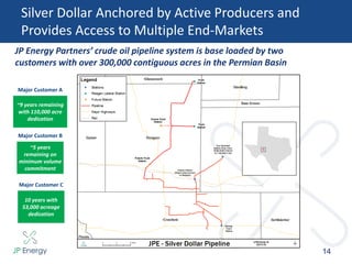 Silver Dollar Anchored by Active Producers and
Provides Access to Multiple End-Markets
JP Energy Partners’ crude oil pipeline system is base loaded by two
customers with over 300,000 contiguous acres in the Permian Basin
14
~5 years
remaining on
minimum volume
commitment
~9 years remaining
with 110,000 acre
dedication
Major Customer A
Major Customer B
10 years with
53,000 acreage
dedication
Major Customer C
 