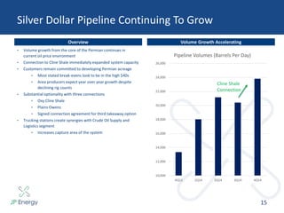 10,000
12,000
14,000
16,000
18,000
20,000
22,000
24,000
26,000
4Q13 1Q14 2Q14 3Q14 4Q14
Pipeline Volumes (Barrels Per Day)
Silver Dollar Pipeline Continuing To Grow
15
Overview
• Volume growth from the core of the Permian continues in
current oil price environment
• Connection to Cline Shale immediately expanded system capacity
• Customers remain committed to developing Permian acreage
• Most stated break-evens look to be in the high $40s
• Area producers expect year over year growth despite
declining rig counts
• Substantial optionality with three connections
• Oxy Cline Shale
• Plains Owens
• Signed connection agreement for third takeaway option
• Trucking stations create synergies with Crude Oil Supply and
Logistics segment
• Increases capture area of the system
Volume Growth Accelerating
Cline Shale
Connection
 