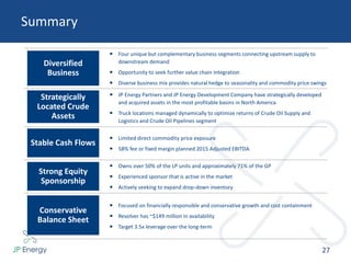 Summary
27
 Four unique but complementary business segments connecting upstream supply to
downstream demand
 Opportunity to seek further value chain integration
 Diverse business mix provides natural hedge to seasonality and commodity price swings
 JP Energy Partners and JP Energy Development Company have strategically developed
and acquired assets in the most profitable basins in North America
 Truck locations managed dynamically to optimize returns of Crude Oil Supply and
Logistics and Crude Oil Pipelines segment
 Limited direct commodity price exposure
 58% fee or fixed margin planned 2015 Adjusted EBITDA
 Owns over 50% of the LP units and approximately 71% of the GP
 Experienced sponsor that is active in the market
 Actively seeking to expand drop-down inventory
 Focused on financially responsible and conservative growth and cost containment
 Revolver has ~$149 million in availability
 Target 3.5x leverage over the long-term
Conservative
Balance Sheet
Stable Cash Flows
Diversified
Business
Strategically
Located Crude
Assets
Strong Equity
Sponsorship
 