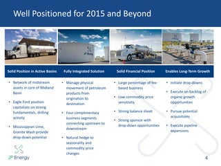 Well Positioned for 2015 and Beyond
4
Solid Position in Active Basins Fully Integrated Solution Solid Financial Position
• Network of midstream
assets in core of Midland
Basin
• Eagle Ford position
capitalizes on strong
fundamentals, drilling
activity
• Mississippian Lime,
Granite Wash provide
drop-down potential
• Manage physical
movement of petroleum
products from
origination to
destination
• Four complimentary
business segments
connecting upstream to
downstream
• Natural hedge to
seasonality and
commodity price
changes
• Large percentage of fee-
based business
• Low commodity price
sensitivity
• Strong balance sheet
• Strong sponsor with
drop-down opportunities
Enables Long-Term Growth
• Initiate drop-downs
• Execute on backlog of
organic growth
opportunities
• Pursue potential
acquisitions
• Execute pipeline
expansions
 