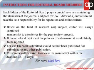 INSTRUCTIONS FOR EDITORIAL BOARD MEMBERS
Each Editor of the Editorial Board plays a crucial role in maintaining
the standards of the journal and peer review. Editor of a journal should
take the sole responsibility for its reputation and entire content.
 Based on the field of research (or) subject, editor will assign
submitted
manuscript to a reviewer for the peer review process.
 If the articles do not meet the policies of submission it would likely
to be rejected
 For ex: The work submitted should neither been published nor
submitted to any other publication.
 Reviewers will be asked to review the manuscript within the
deadline i.e., 14 days.
For more click here
www.annexpublishers.com
 