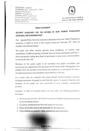 Police Statement on Bobi Wine's reception 