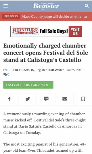 NAPA VALLEY REGISTER CONCERT REVIEW: Nina Kotova: Emotionally charged chamber concert opens Festival del Sole stand at Calistoga’s Castello 