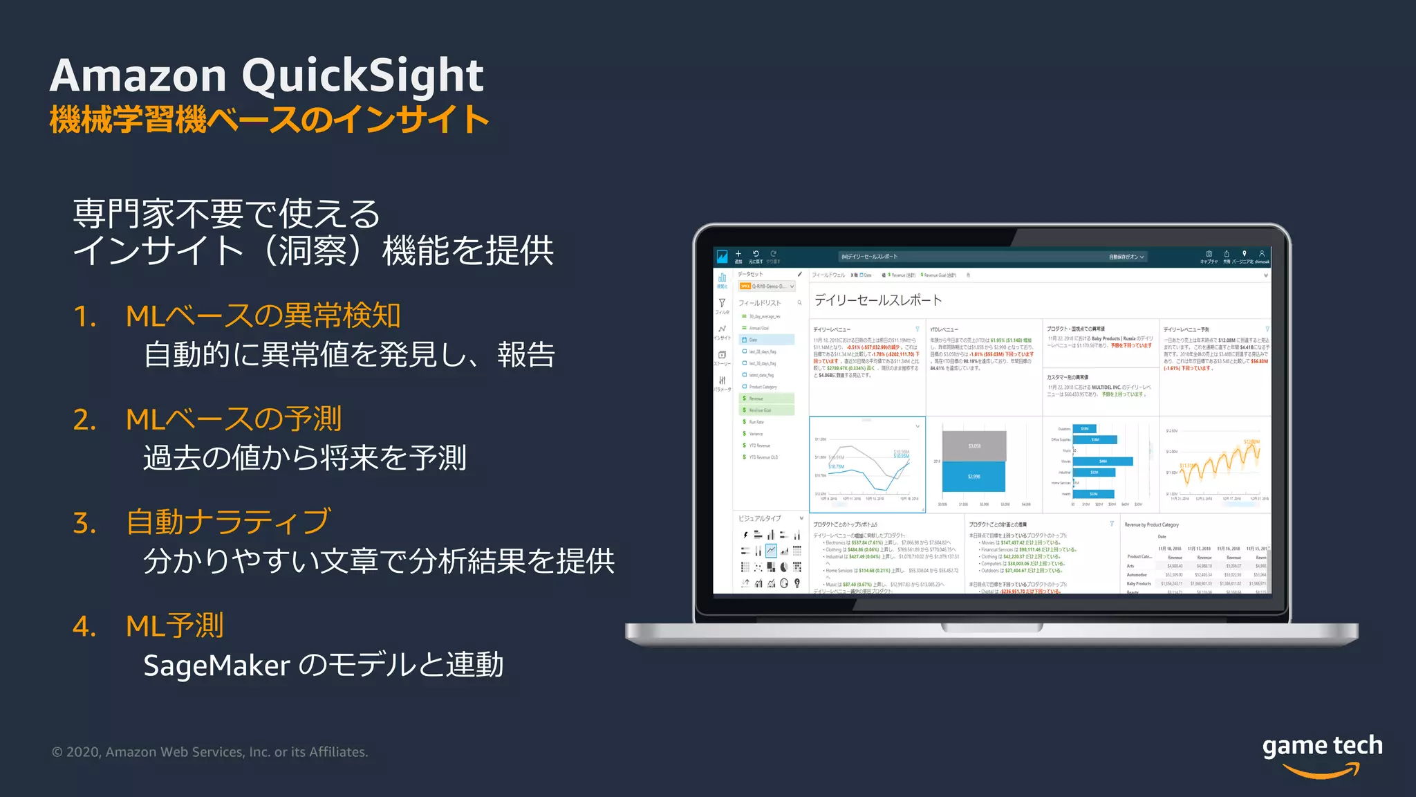 © 2020, Amazon Web Services, Inc. or its Affiliates.
Amazon QuickSight
機械学習機ベースのインサイト
専⾨家不要で使える
インサイト（洞察）機能を提供
1. MLベースの異常検知
⾃動的に異常値を発⾒し、報告
2. MLベースの予測
過去の値から将来を予測
3. ⾃動ナラティブ
分かりやすい⽂章で分析結果を提供
4. ML予測
SageMaker のモデルと連動
 