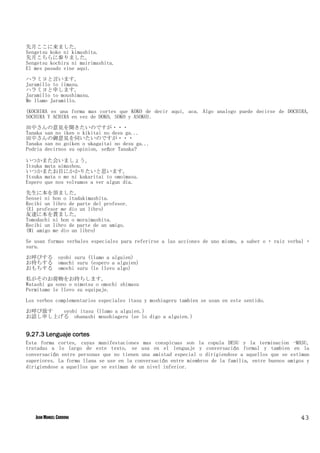 先月ここに来ました。
Sengetsu koko ni kimashita.
先月こちらに参りました。
Sengetsu kochira ni mairimashita.
El mes pasado vine aqui.

ハラミヨと言います。
Jaramillo to iimasu.
ハラミヨと申します。
Jaramillo to moushimasu.
Me llamo Jaramillo.

(KOCHIRA es una forma mas cortes que KOKO de decir aqui, aca. Algo analogo puede decirse de DOCHIRA,
SOCHIRA Y ACHIRA en vez de DOKO, SOKO y ASOKO).

田中さんの意見を聞きたいのですが・・・
Tanaka san no iken o kikitai no desu ga...
田中さんの御意見を伺いたいのですが・・・
Tanaka san no goiken o ukagaitai no desu ga...
Podria decirnos su opinion, señor Tanaka?

いつかまた会いましょう。
Itsuka mata aimashou.
いつかまたお目にかかりたいと思います。
Itsuka mata o me ni kakaritai to omoimasu.
Espero que nos volvamos a ver algun dia.

先生に本を頂ました。
Sensei ni hon o itadakimashita.
Recibi un libro de parte del profesor.
(El profesor me dio un libro)
友達に本を貰ました。
Tomodachi ni hon o moraimashita.
Recibi un libro de parte de un amigo.
(Mi amigo me dio un libro)

Se usan formas verbales especiales para referirse a las acciones de uno mismo, a saber o + raiz verbal +
suru.

お呼びする　oyobi suru (llamo a alguien)
お待ちする　omachi suru (espero a alguien)
おもちする　omochi suru (le llevo algo)
私がそのお荷物をお持ちします。
Watashi ga sono o nimotsu o omochi shimasu
Permitame le llevo su equipaje.

Los verbos complementarios especiales itasu y moshiageru tambien se usan en este sentido.

お呼び致す  oyobi itasu (llamo a alguien.)
お話し申し上げる　ohanashi moushiageru (se lo digo a alguien.)


9.27.3 Lenguaje cortes
Esta forma cortes, cuyas manifestaciones mas conspicuas son la copula DESU y la terminacion -MASU,
tratadas a lo largo de este texto, se usa en el lenguaje y conversación formal y tambien en la
conversación entre personas que no tienen una amistad especial o dirigiendose a aquellos que se estiman
superiores. La forma llana se use en la conversación entre miembros de la familia, entre buenos amigos y
dirigiendose a aquellos que se estiman de un nivel inferior.




   JUAN MANUEL CARDONA                                                                              43
 