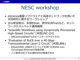 NESC  workshop
•  eScience基盤ソフトウェアと⾼高速ネットワークを⽤用いた
   共同研究に関するワークショップ
•  主な参加者は、⽶米国ESnet、欧州SURFnetなど、ネット
   ワークテストベッド運⽤用機関
•  “Scientiﬁc  Workﬂows  using  Dynamically  Provisioned  
   High-‐‑‒Speed  Circuits”  (⽶米国UNC-‐‑‒CH)
   –  ORCA/ExoGENIがらみのインタークラウドネタ。
•  “Evaluation  of  RoCE  over  a  40  Gbps  
   Transcontinental  Layer-‐‑‒2  Circuit”  (⽶米国LBNL)
   –  ESnetのANI  100Gテストベッドを⽤用いたRDMA  over  
      Converged  Ethernetの性能評価
   –  ここ数年年のSCでも広域RDMAの発表がある

                                                             5
 