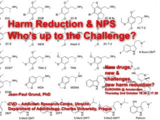 Jean-Paul Grund, PhD 
CVO – Addiction Research Centre, Utrecht 
Department of Addictology, Charles University, Prague 
Harm Reduction & NPS 
Who’s up to the Challenge? 
New drugs, new & 
challenges, new harm reduction? 
EUROHRN @ Amsterdam Thursday 2nd October 16.30 – 17.30  